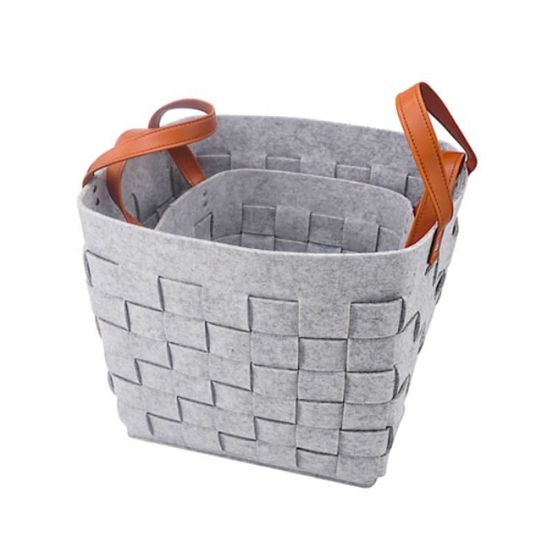 Handmade Woven Felt Two Set of Large Medium size Hamper laundry Toy Storage Basket with PU Handle